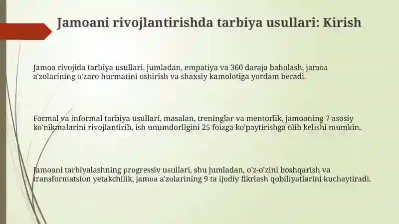Jamoani rivojlantirishda tarbiya usullari 3
