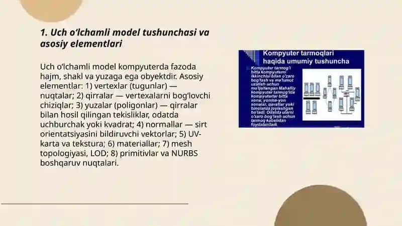 Kompyuterda uch oʻlchamli modellar hosil qilish va ularni tahrirlash 3