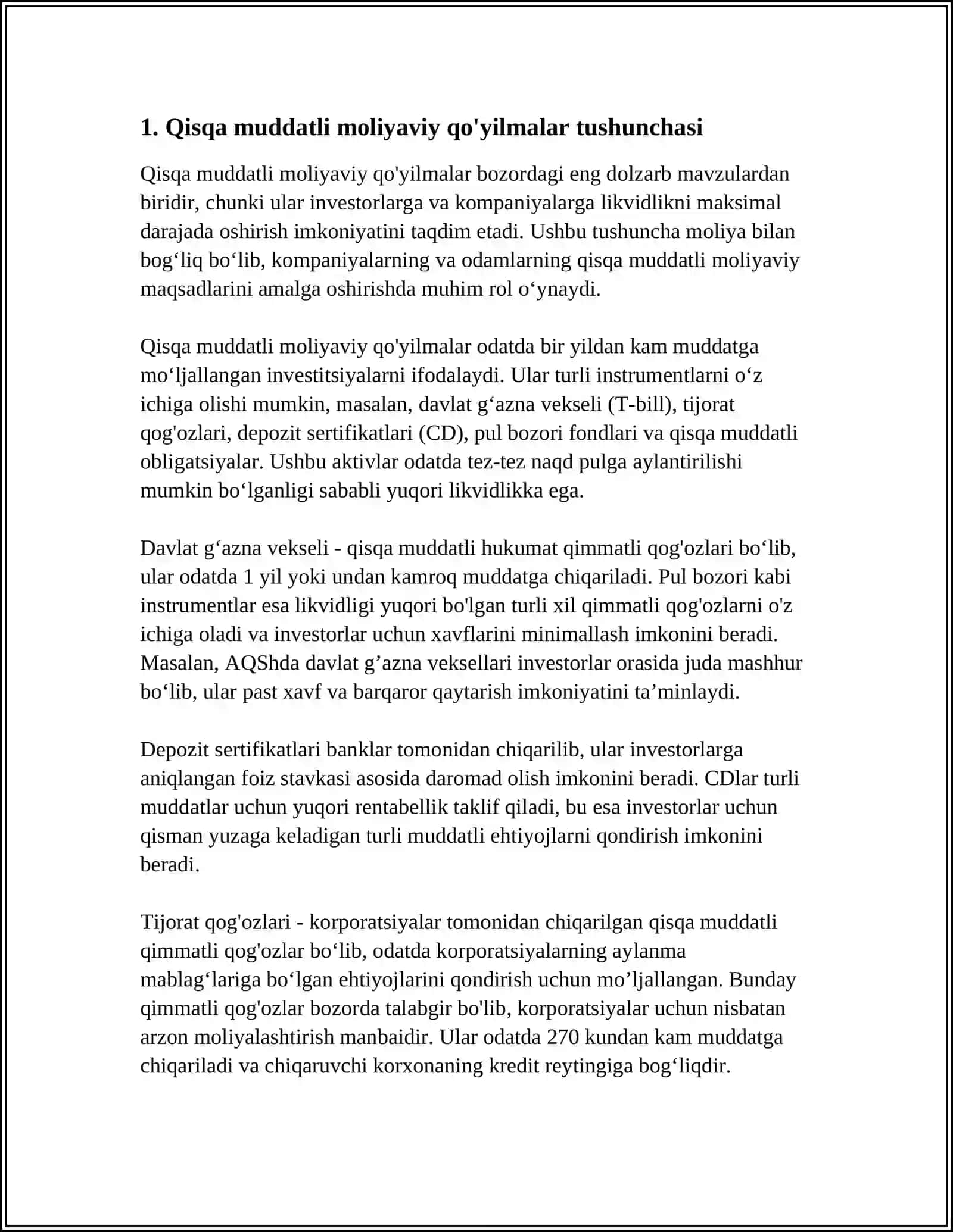 QISQA MUDDATLI MOLIYAVIY QO'YILMALAR HISOBI 3