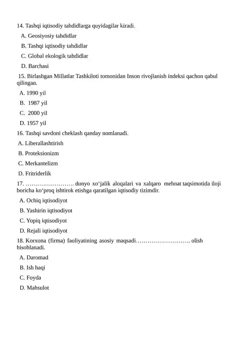 Iqtisodiy xavfsizlik fanidan test savollari 3