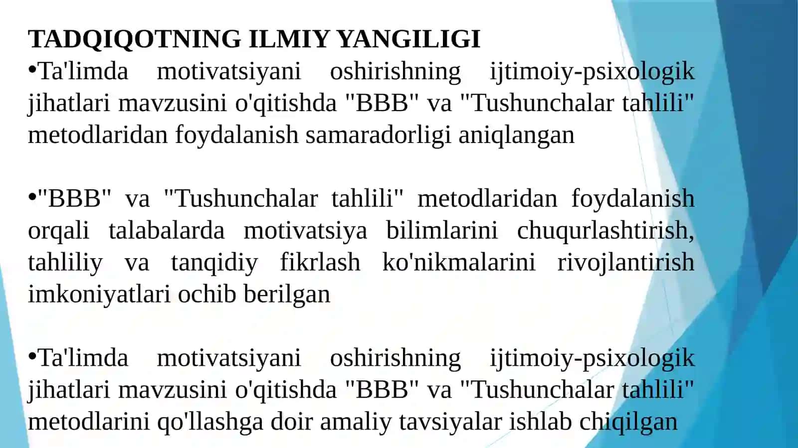 TA'LIMDA MOTIVATSIYANI OSHIRISHNING IJTIMOIY-PSIXOLOGIK JIHATLARI MAVZUSINI O'QITISHDA "BBB" VA "TUSHUNCHALAR TAHLILI" METODLARIDAN FOYDALANISH 3
