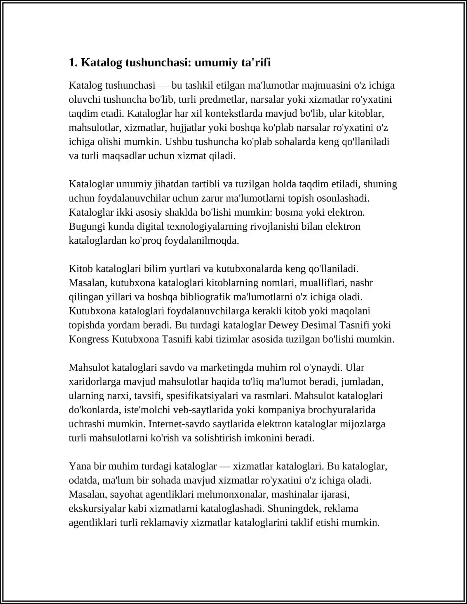 KATALOG TUSHUNCHASI TA'RIFI TURLAR VAZIFALARI VA ULARGA DOIR MISOLLAR 3