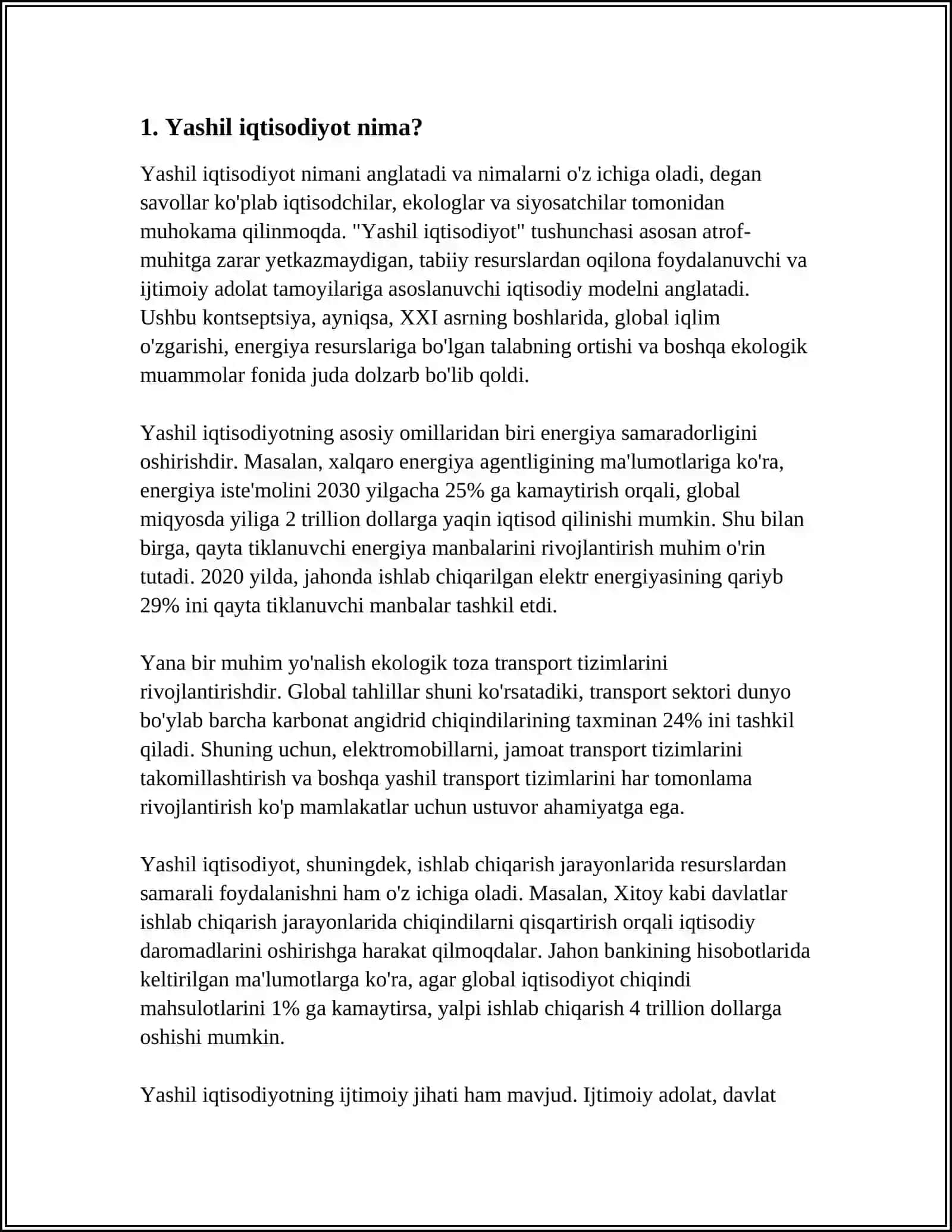 YASHIL IQTISODIYOTGA OʻTISH SIYOSATI HAQIDA MUSTAQIL ISH TAYYORLAB BERING 3
