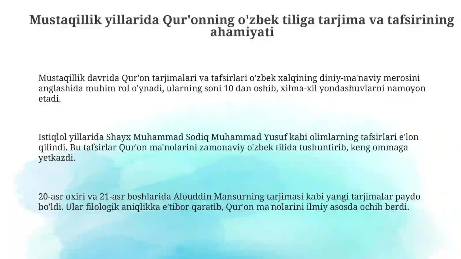 Mustaqillik yillarida Qur’onning o’zbektiligatarjimaqilinishivatafsirlarihaqida 3
