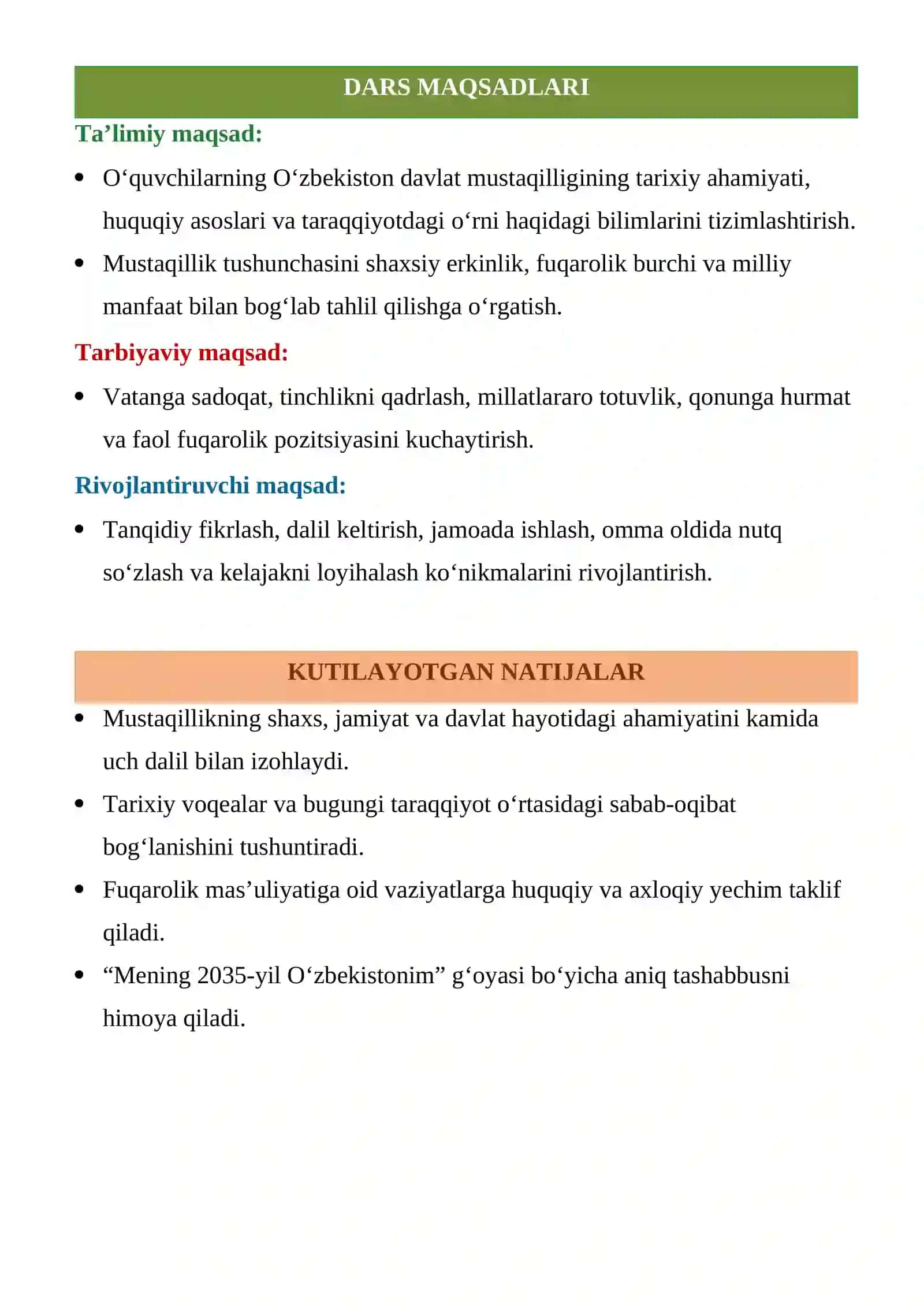 11-sinf Mustaqillikning 35 yilligiga bag‘ishlangan ochiq dars ishlanmasi — 2026 3