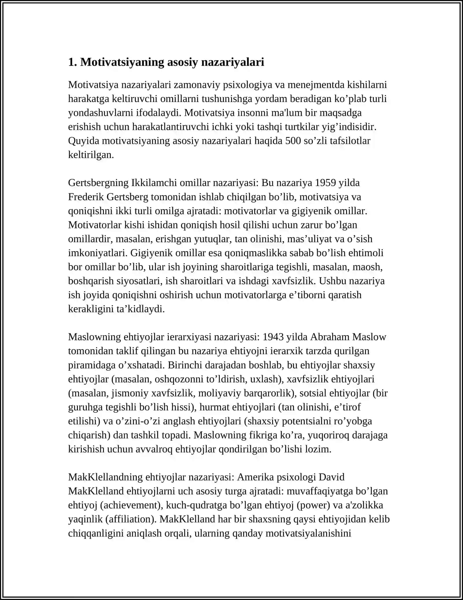 INSON MOTIVATSIYASINING VAZIYATLILIK VA SHAXSLILIK JABHALARI MUSTAQIL ISH 3