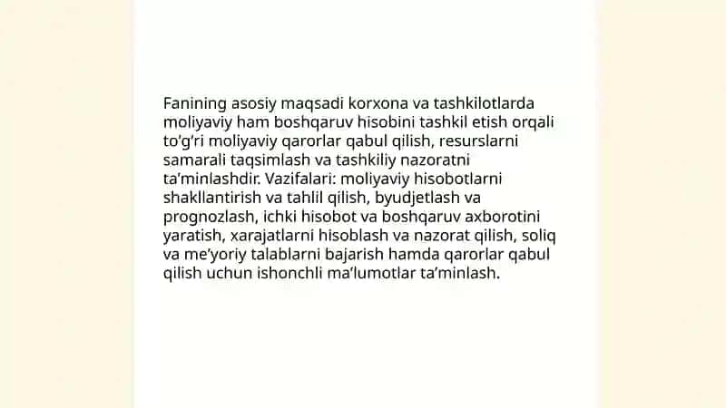 MOLIYAVIY VA BOSHQARUV HISOBI FANINING MAQSADI VA VAZIFALARI 3