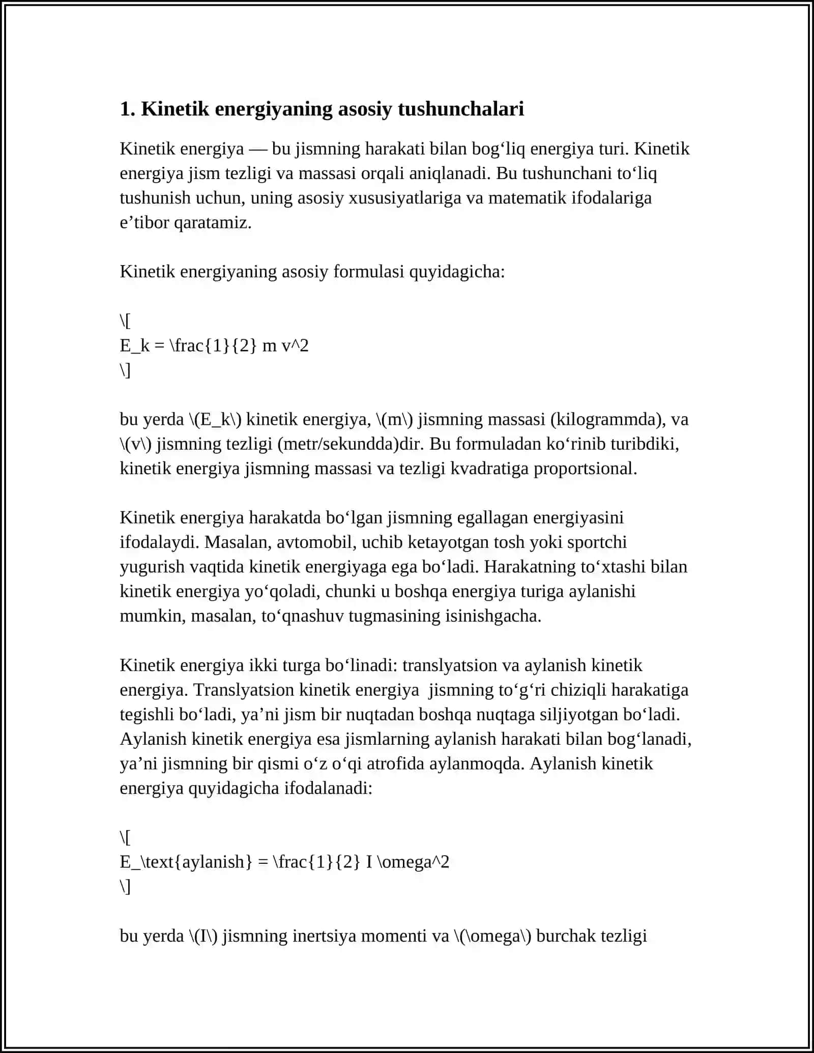 KINETIK VA POTENSIAL ENERGIYA, HAMDA OBYEKTNI MURAKKAB TRAYEKTORIYA BO‘YICHA HARAKATINI TAHLIL QILISHDA INTEGRAL HISOB TATBIQLARI 3