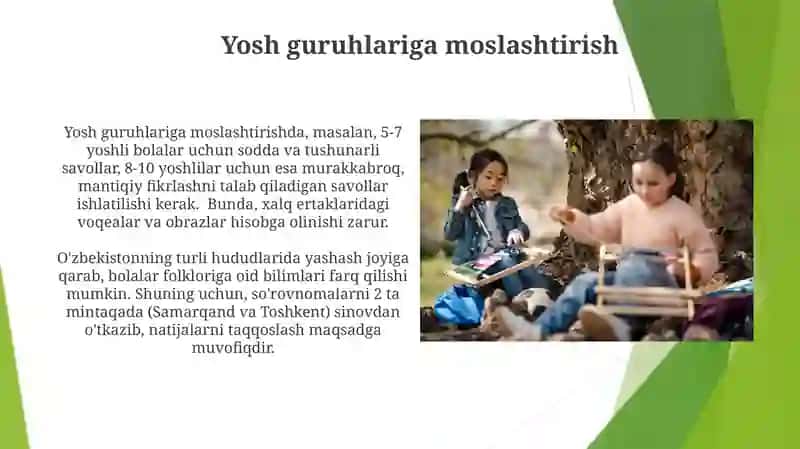 Bolalar folklori tabiati bo'yicha test va bliss so'rovnoma topshiriqlari 3