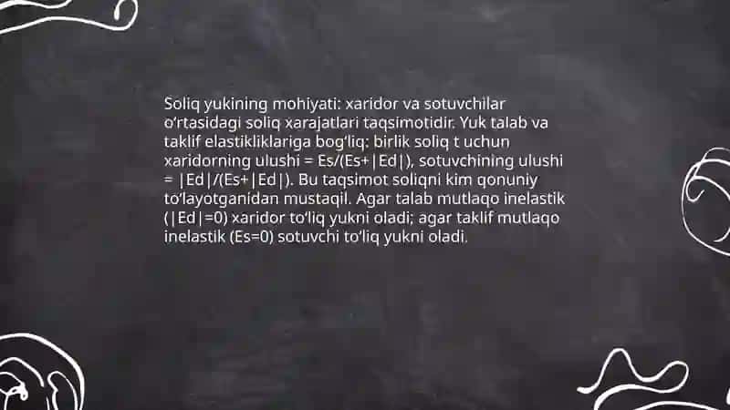 Talab va taklif elastikligiga koʼra soliq yukini hisoblash. 3
