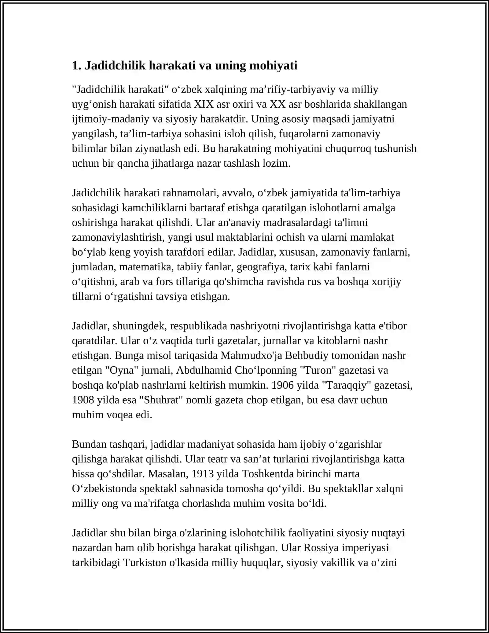 JADID MAPRIFATPARVARLARINING O‘LKA IJTIMOIY-MANAVIY HAYOTIDA TUTGAN O‘RNI (MUNAVVAR QORI,FITRAT,BEHBUDIY,AVLONIY VABOSHQALAR. ) 3