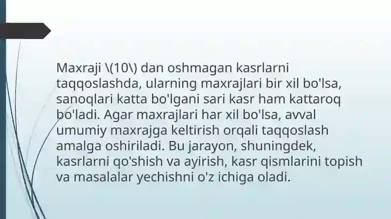 Maxraji 10 dan oshmagan kasrlarni taqqoslash 3