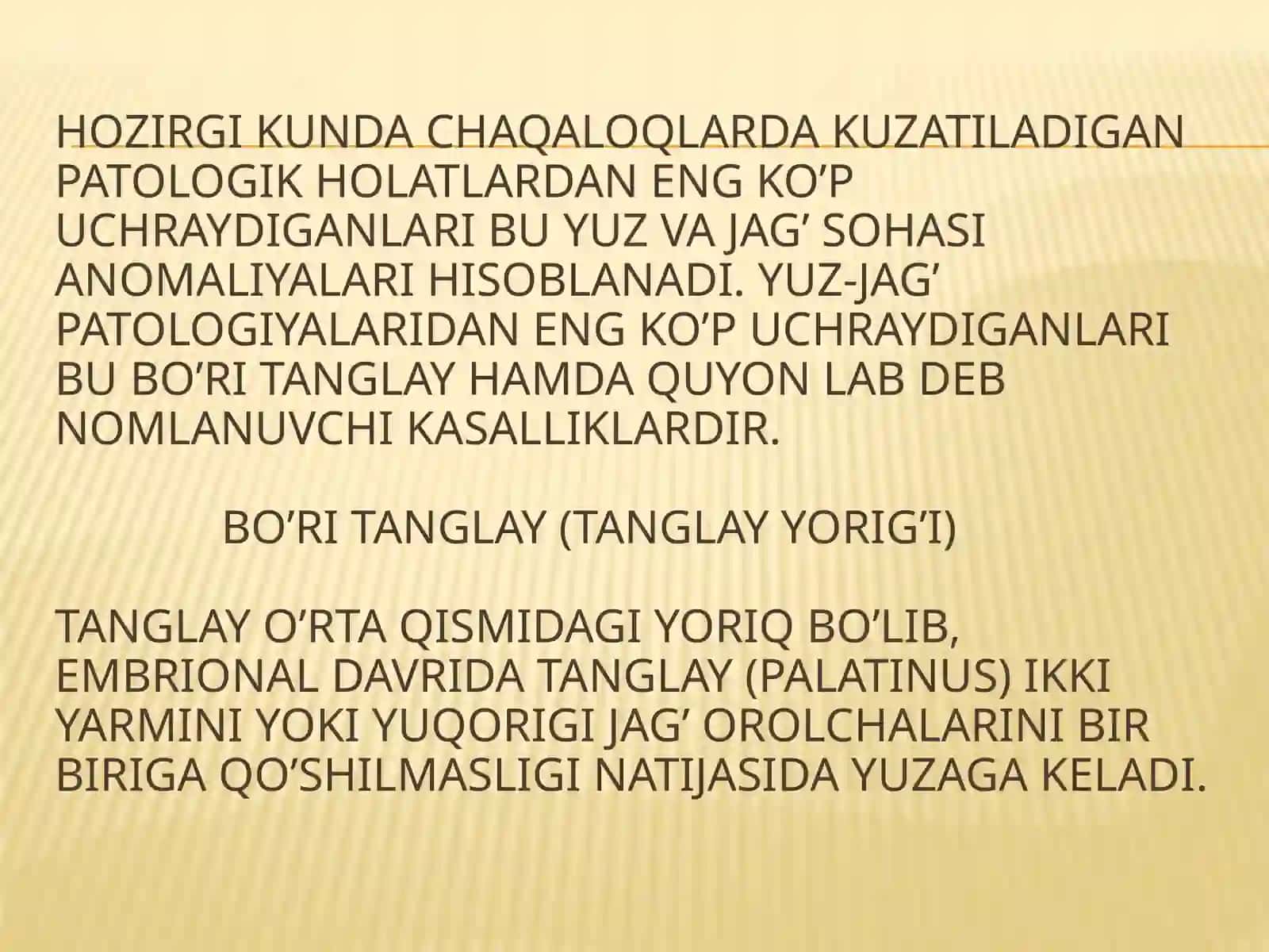 Bolalar yuz-jag’ sohasi patologiyalari, ularni yuzaga kelish sabablari, bemor bolalarni parvarishlash. 3