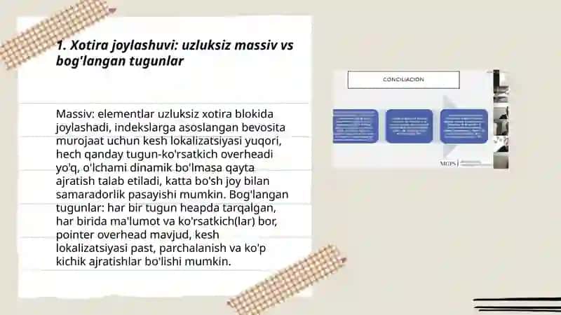 Bog'langan ro'yxat va massivning afzalliklari va kamchiliklarini jadvalda taqqoslash 3