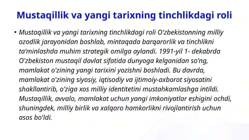 O'ZBEKISTONNING MARKAZIY OSIYODA TINCHLIK VA BARQARORLIKNI TA'MINASHDAGI O'RNI 3