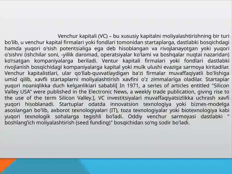 Venchur kapitali. Korxonalarda innavatsion faoliyatni boshqarish 3