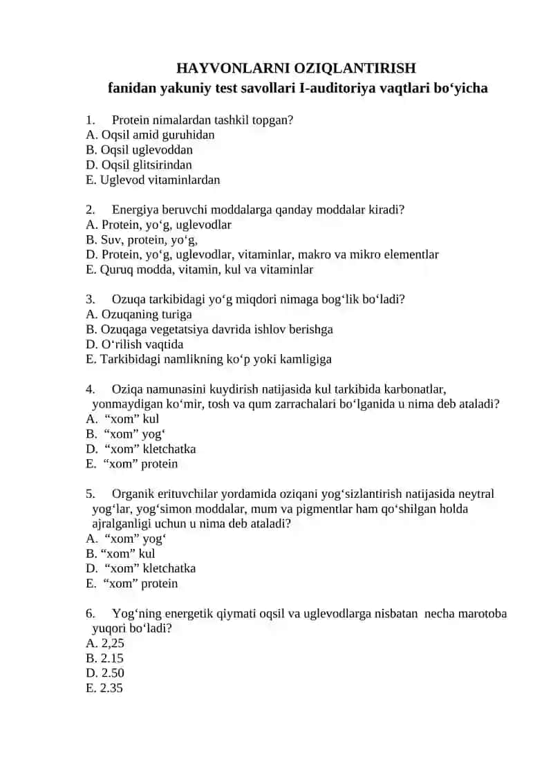HAYVONLARNI OZIQLANTIRISH fanidan yakuniy test savollari 3