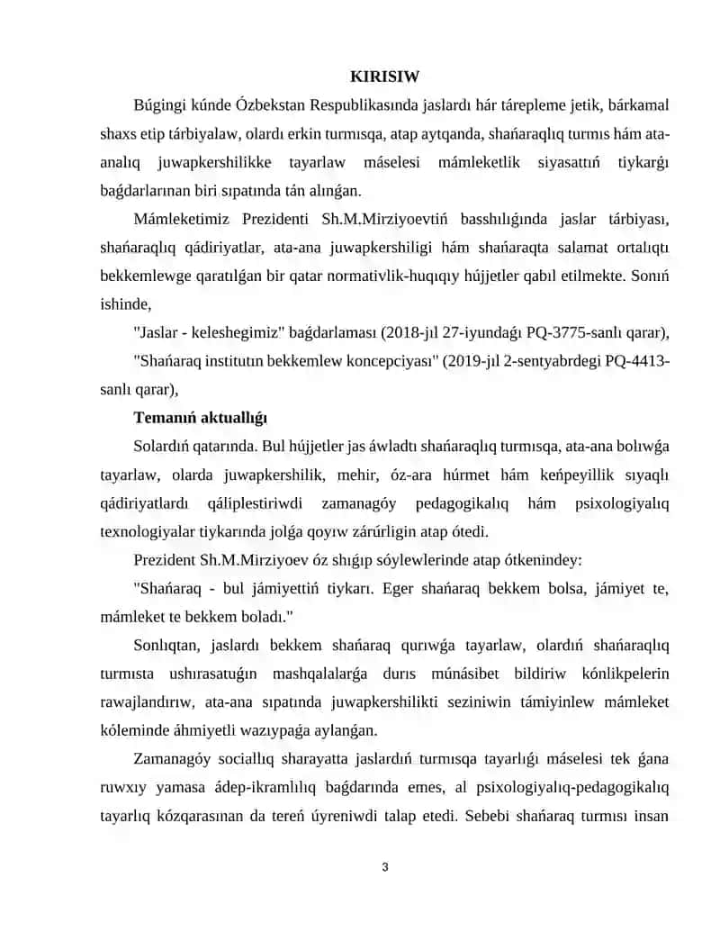 Jaslardı shańaraq turmısına hám ata-ana bolıwǵa tayarlawda treninglerdiń ornı 3