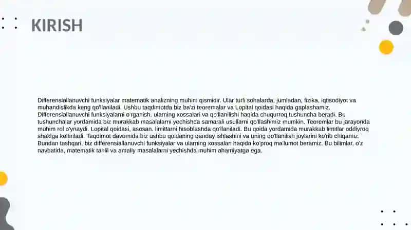 Differensiallanuvchi funksiyalar haqida ba’zi bir teoremalar. Lopital qoidasi 3