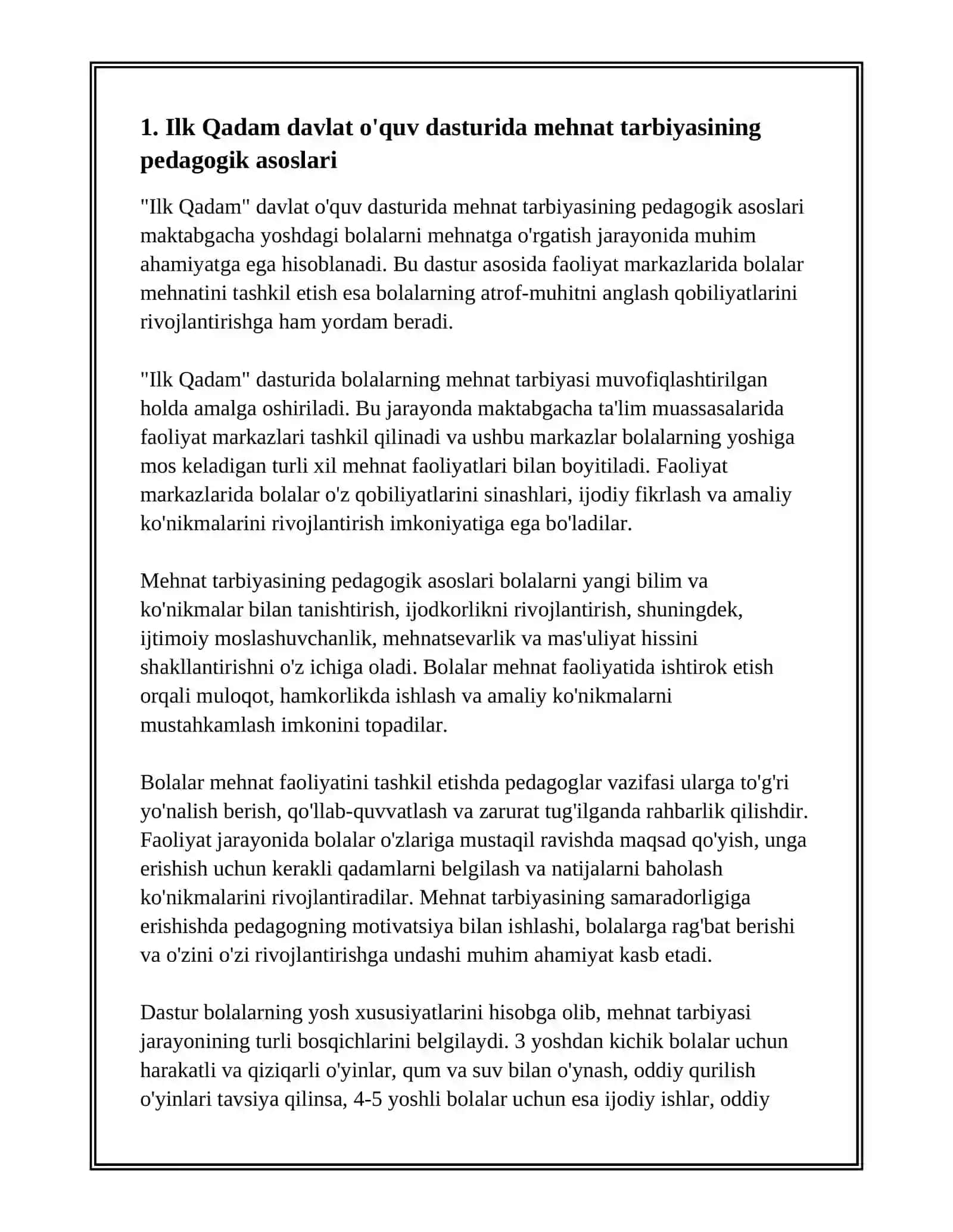 ILK QADAM DAVLAT O'QUV DASTURI ASOSIDA FAOLIYAT MARKAZLARIDA MAKTABGACHA YOSHDAGI BOLALAR MEHNATINI TASHKIL ETISH 3