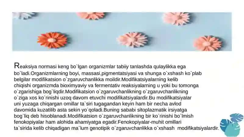 Modifikatsion o'zgaruvchanlikni statistik usulda o’rganishga oid masala va mashqlar tuzish hamda yec 3