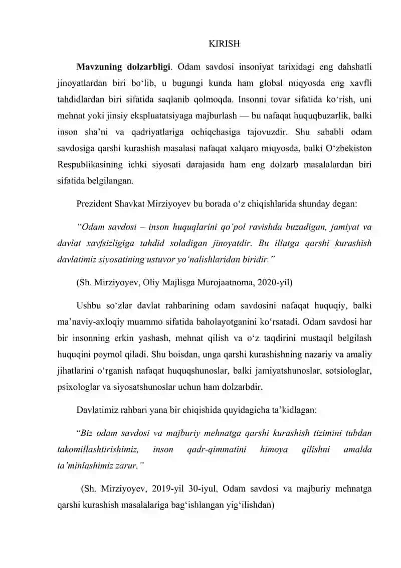 "Odam savdosi uchun jinoiy javobgarlik: nazariya va amaliyot" kurs ishi 3
