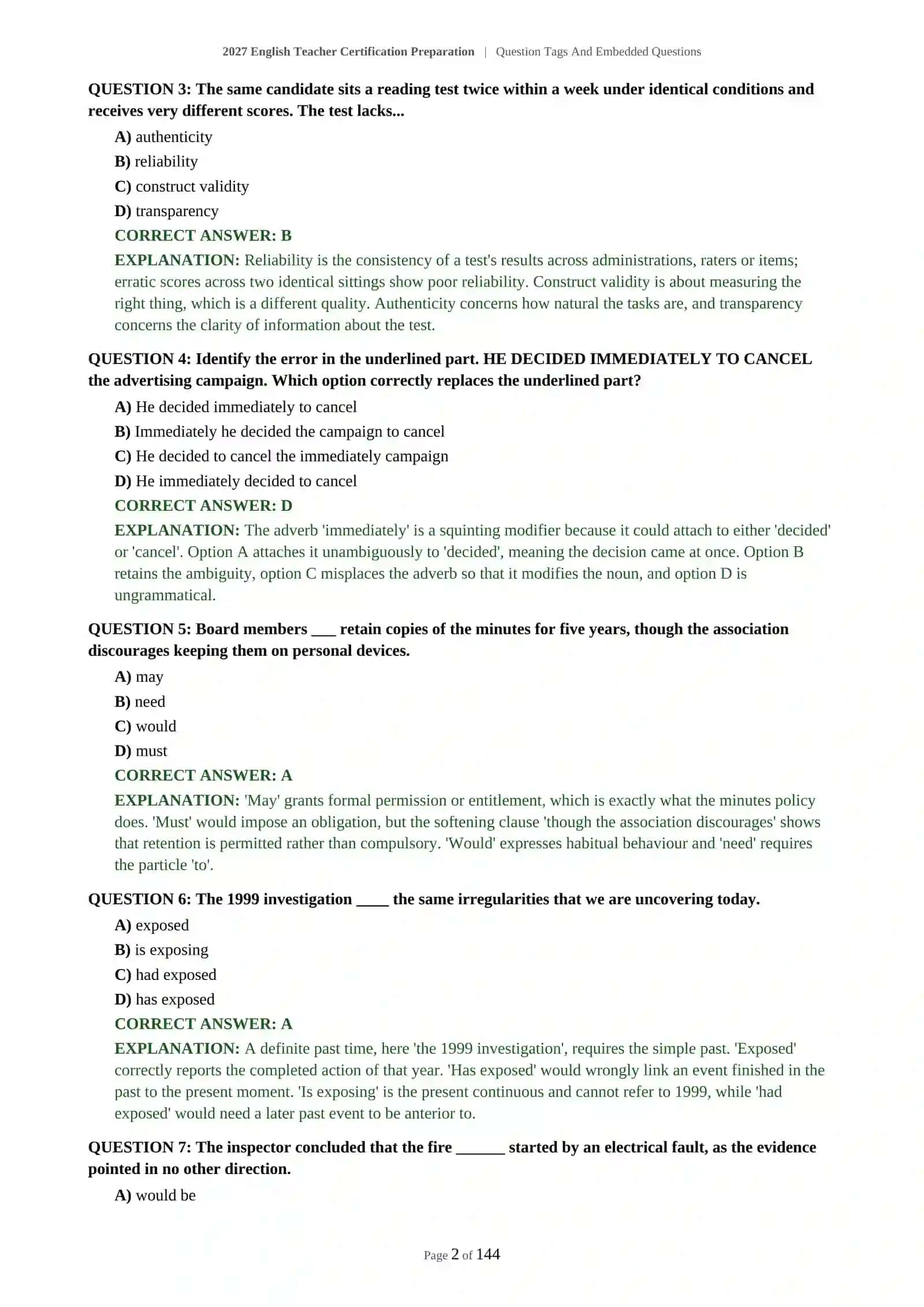 2027 English Teacher Certification Preparation | Question Tags And Embedded Questions 3