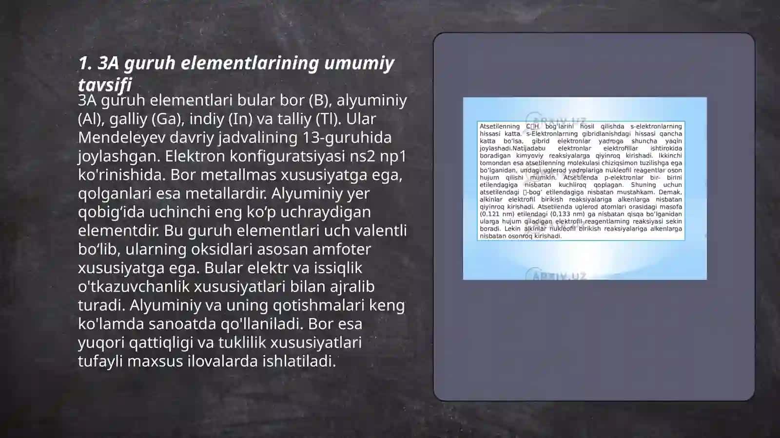 Davriy sistemaning asosiy gruppachasi 3 A guruh elemantlari(elementlari va birikmalarining tarqalishi olinish xossalari ishlatilishi) 3