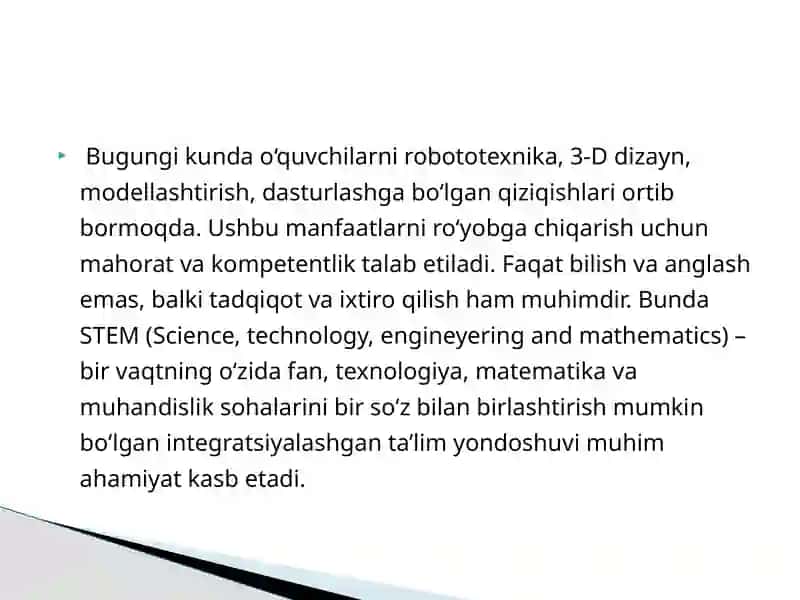 Maktabgacha ta’limda STEAM texnologiyalari faniga kirish. Fanning predmeti, ob’ekti, maqsadi va vazifalari. 3