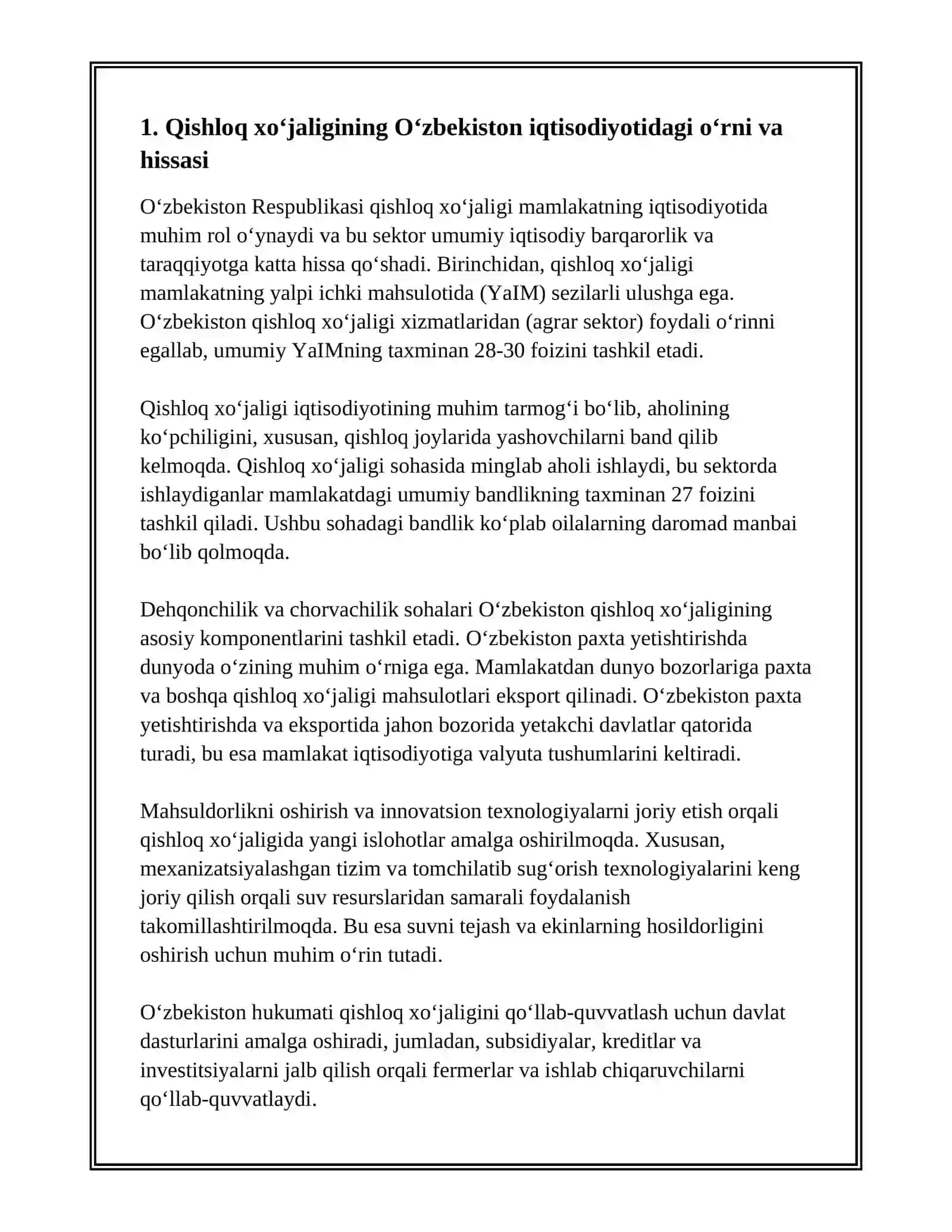 OʻZBEKISTON RESPUBLIKASI QISHLOQ XOʻJALIGI VA UNING IQTISODIYOTGA 3