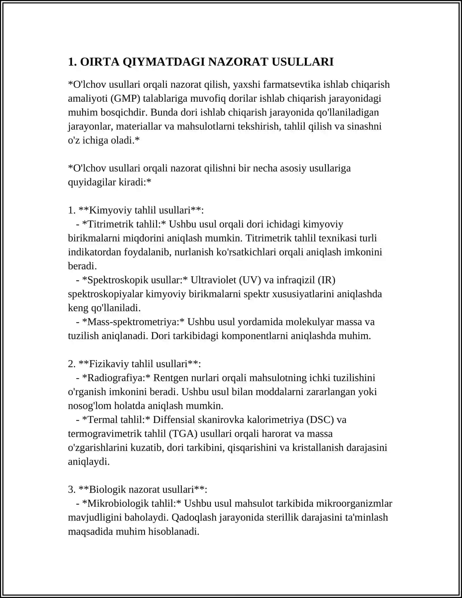 OIRTA QIYMATDAGI NAZORAT, ROSTLASH VA OPTIMALLASHTIRISH PARAMETRLARIGA EGA BOLGAN TEXNOLOGIK USKUNA 3