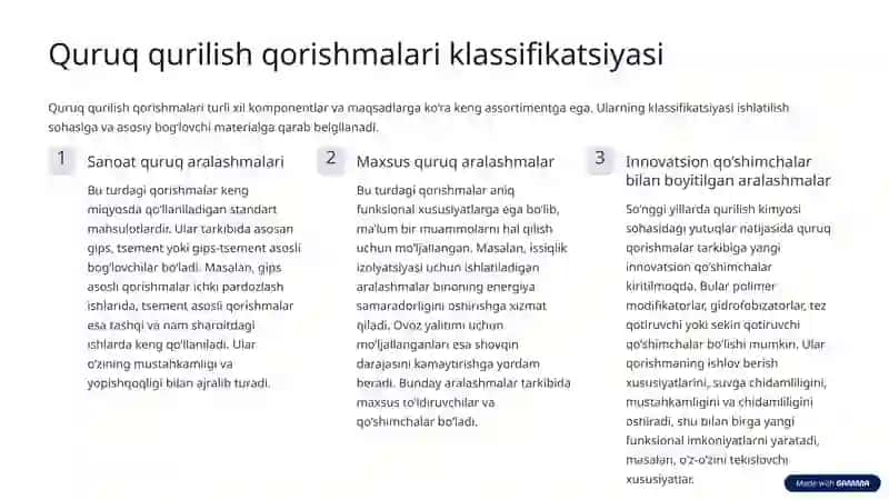 Quruq qurilish qorishmalari, klassifikatsiyasi va innovatsion texnologiyalar 3