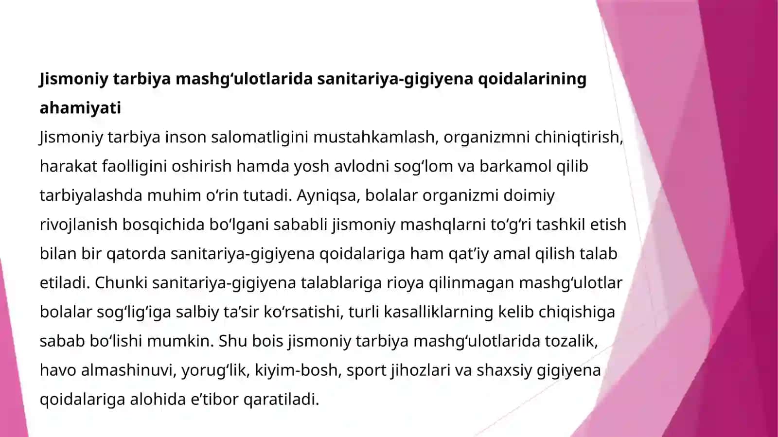 Jismoniy tarbiya mashg‘ulotlarida sanitariya-gigiyenik sharoitlarga va bolalarning kiyimlariga qo‘yiladigan talablar 3