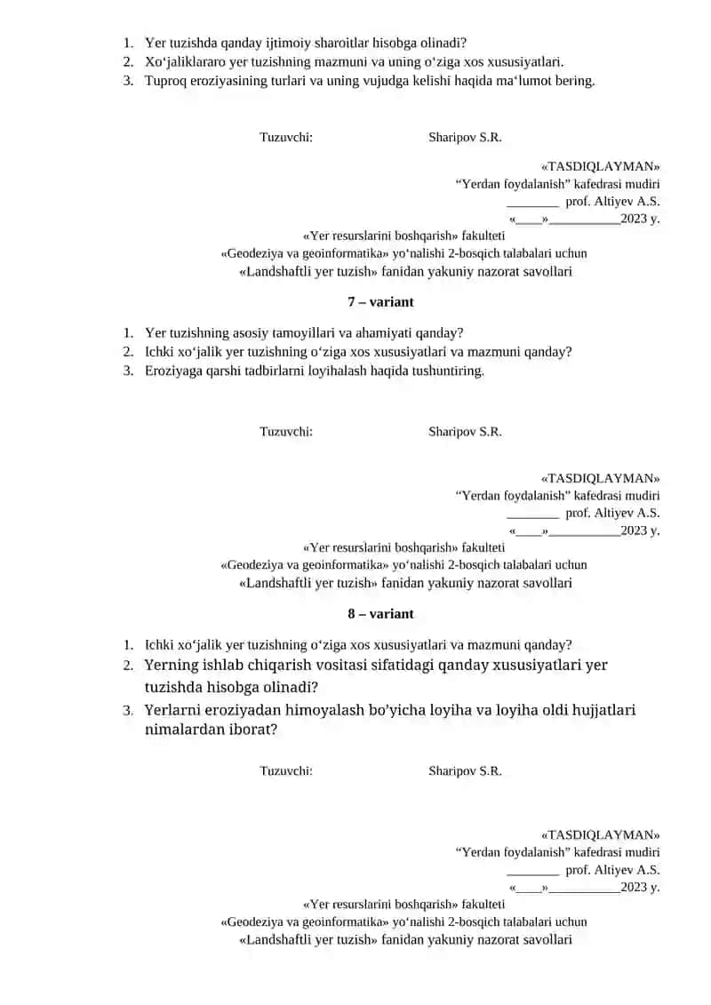 «Landshaftli yer tuzish» fanidan yakuniy nazorat savollari 3