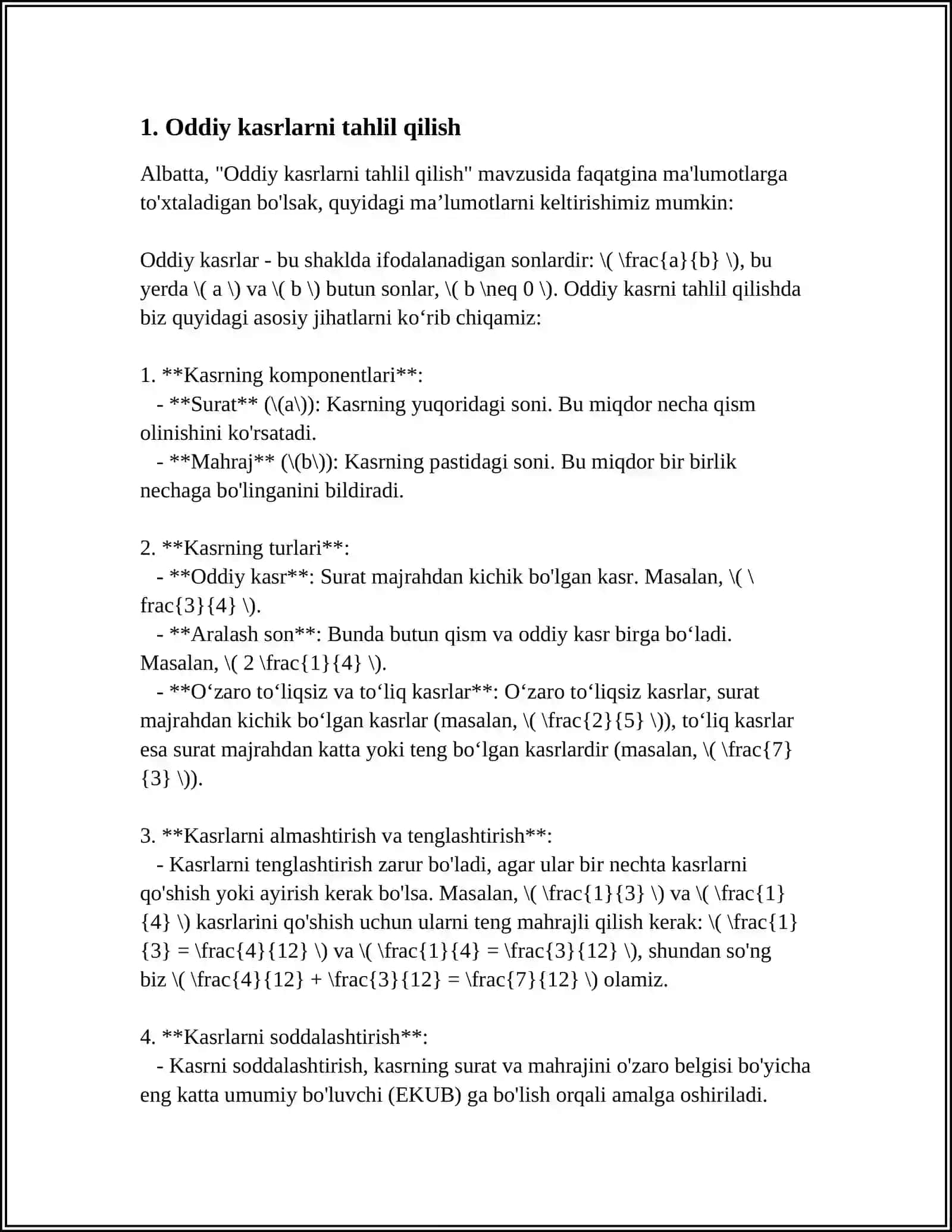 ODDIY KASRLAR. ÒNLI VA CHEKSIZ DAVRIY ÒNLI KASRLAR. ALGEBRAIK IFODALAR 3