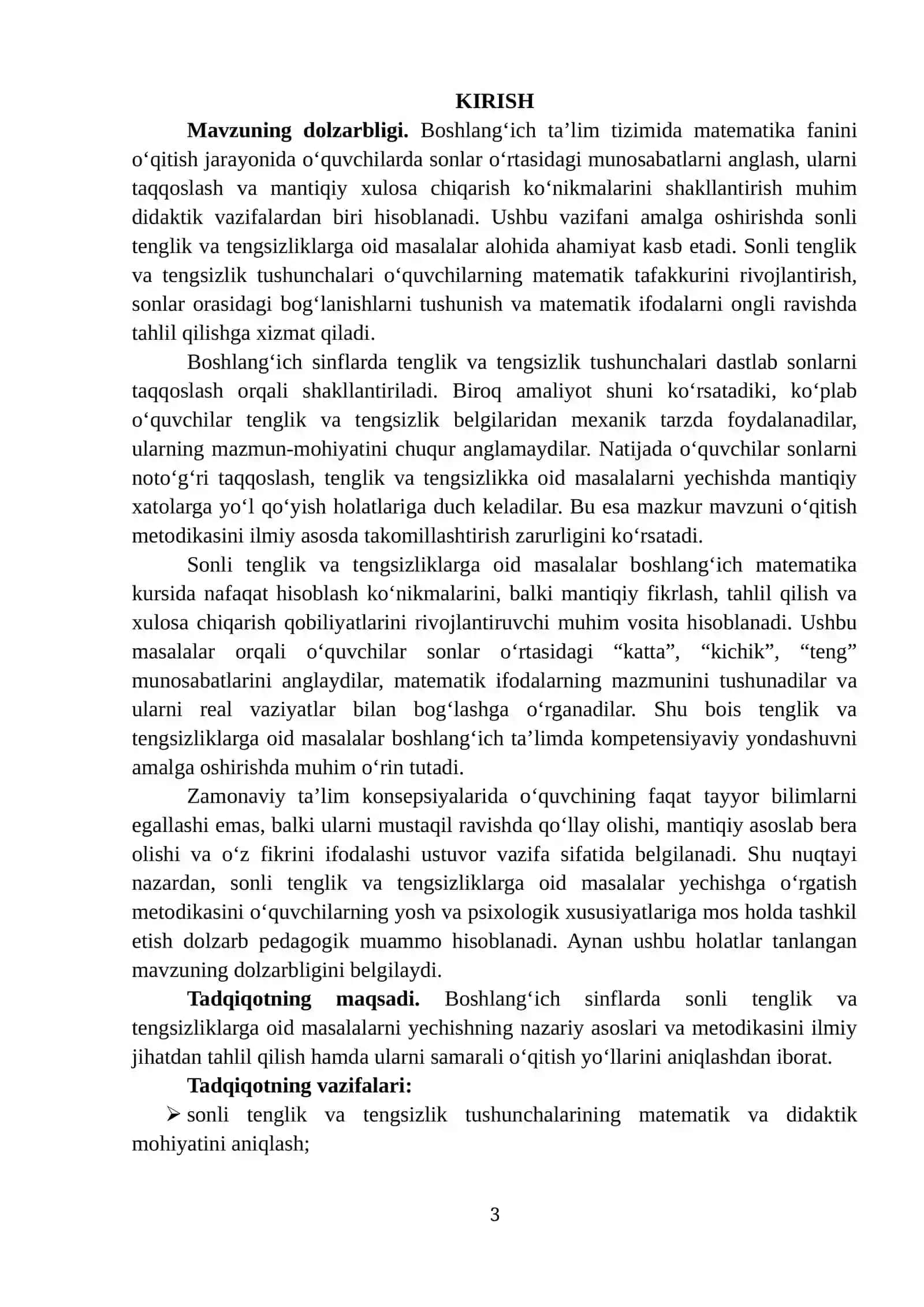 "BOSHLANG‘ICH SINFLARDA SONLI TENGLIK VA TENGSIZLIKLARGA OID MASALALAR YECHISHGA O‘RGATISH METODIKASI" 3