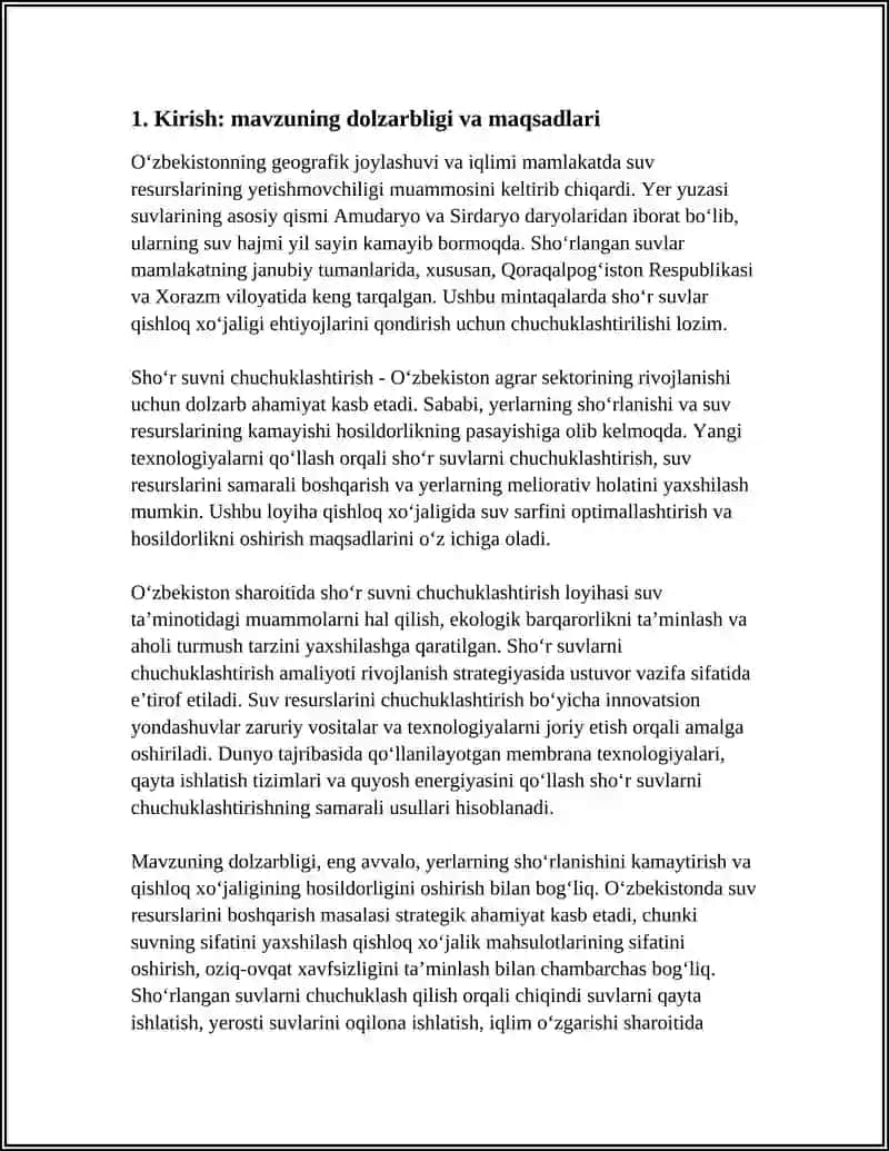 OʻZBEKISTON SHAROITIDA SHOʻR SUVNI CHUCHUKLASHTIRISH LOYIHASI REFERAT 3