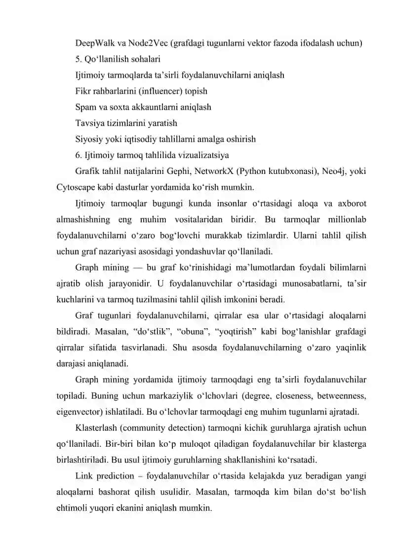 IJTIMOIY TARMOQDAGI FOYDALANUVCHILAR ORASIDAGI BOG'LANISHNI TAHLIL QILISH (GRAPH MINING) 3