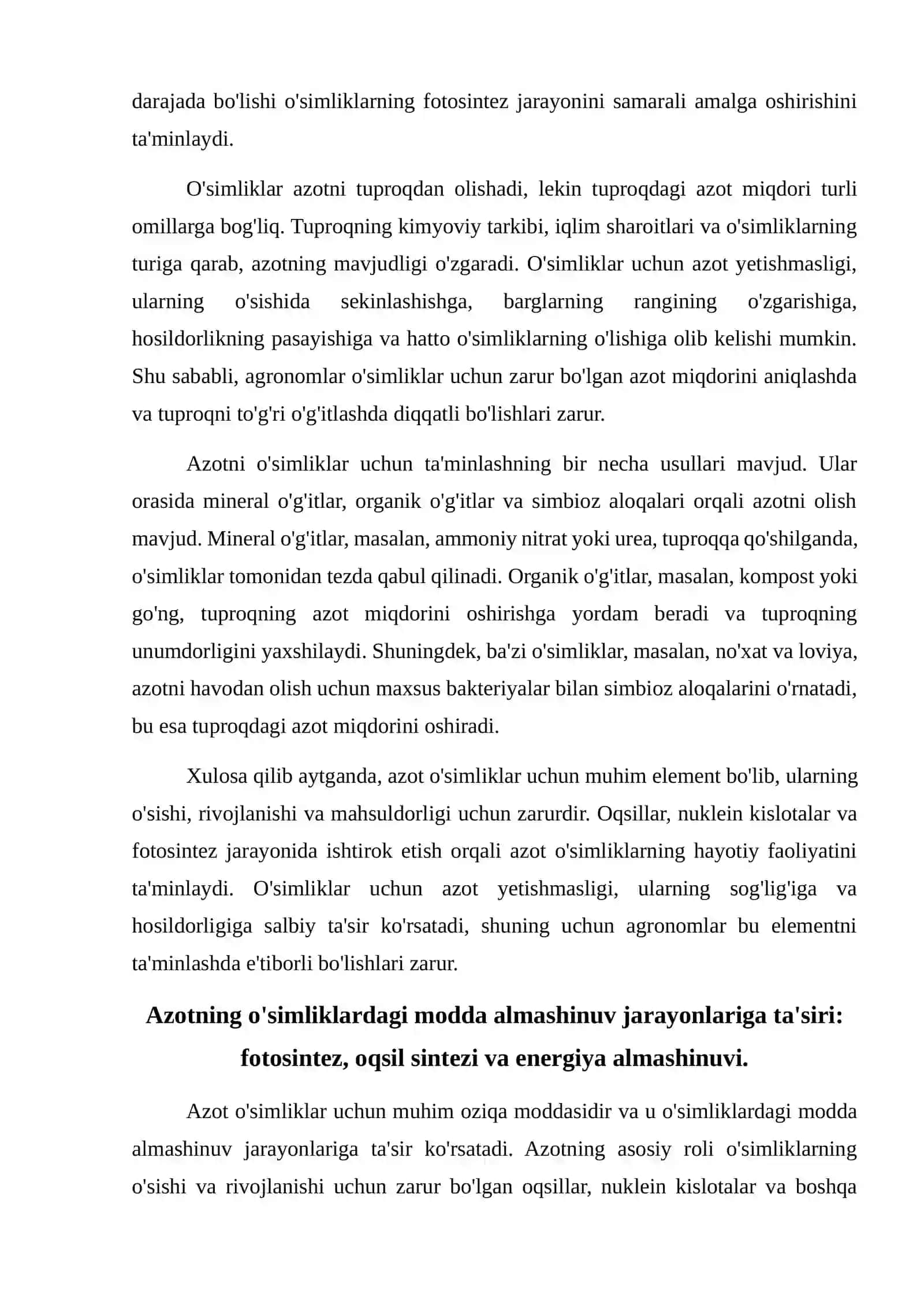 Azotning o'simliklardagi modda almashinuv jarayonlariga ta'siri 3