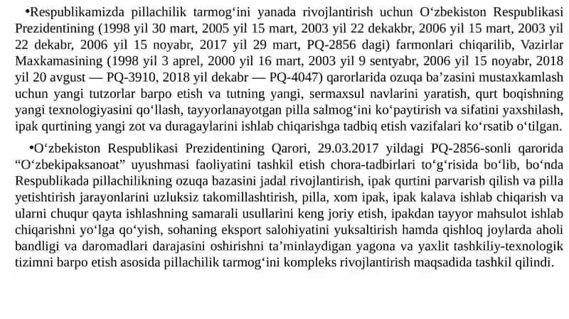 Pillachilikni rivojlantirishda yangi texnalogiyalar. 2.2 Ipak qurtini yetishtirish, boqish, oziqlantirish texnalogiyalari. 2.3 Pillachilikda klasterlarni tashkil etish.  2.4 Klasterlar naziyasi va pillachilik klasterlarining o’ziga hosligi 3