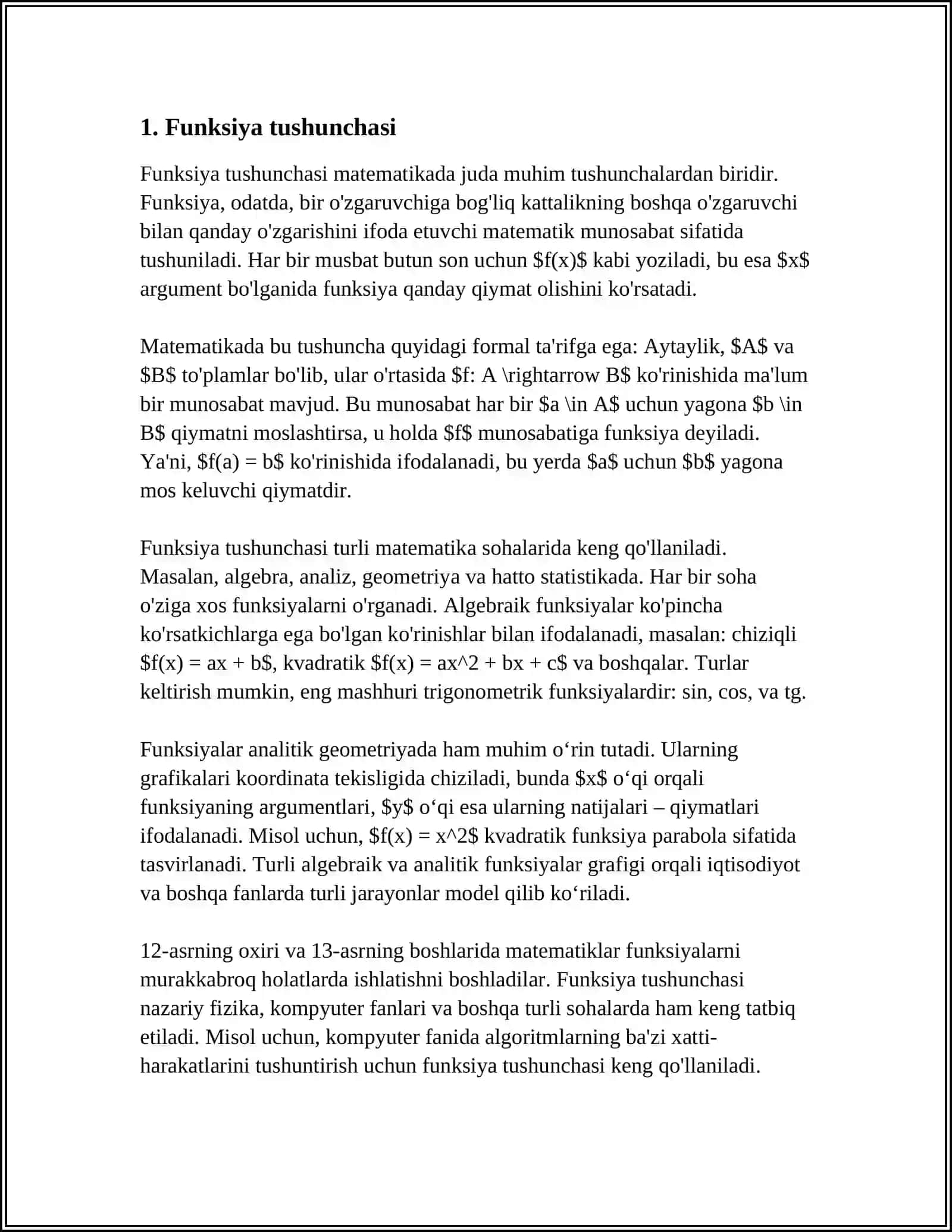 FUNKSIYA TUSHUNCHASI. FUNKSIYANING BERILISH USULLARI, ANIQLANISH SOHASI, GRAFIGI. ELEMENTAR FUNKSIYALAR, MURAKKAB FUNKSIYA 3