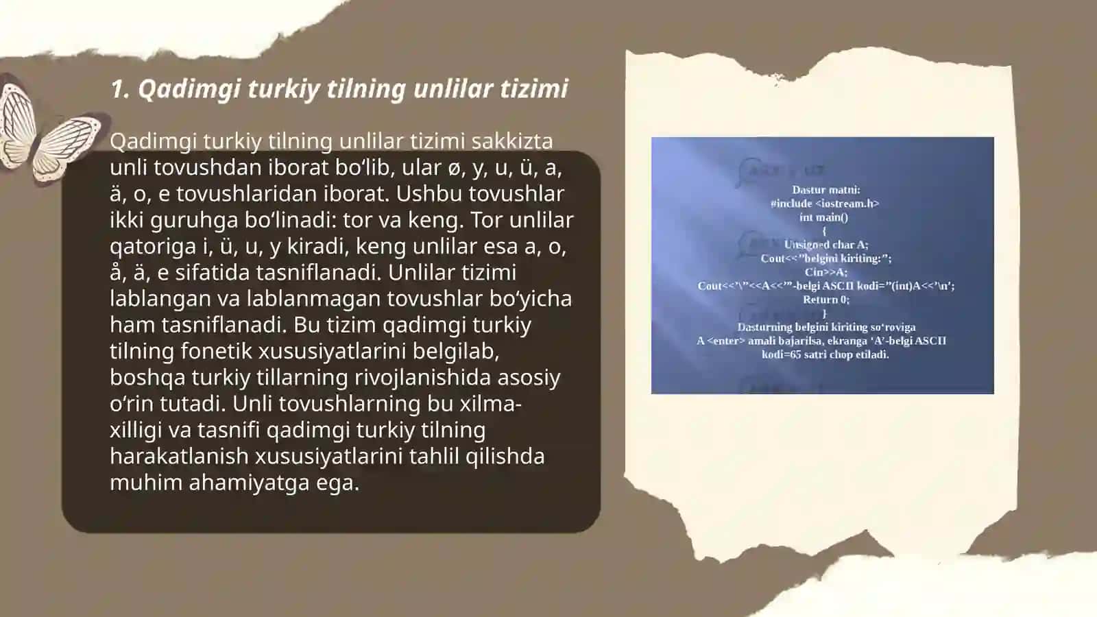 Qadimgi turkiy til, eski turkiy til va eski oʻzbek adabiy tili unlilar tizimi 3