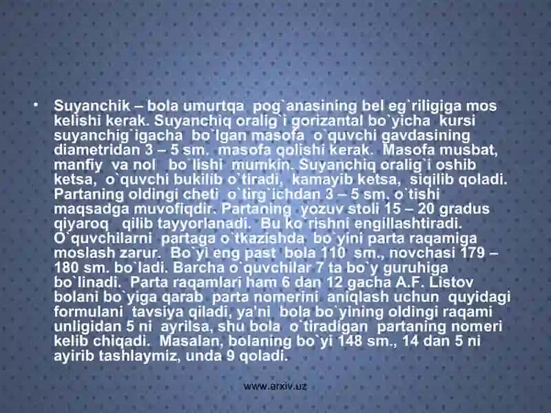 Sinf xonalariga qo’yiladigan gigiyenik talablar 3