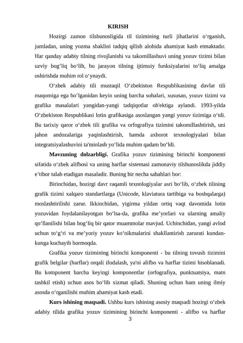 HOZIRGI O‘ZBEK ADABIY TILI YOZUV TIZIMLARI KURS ISHI 3