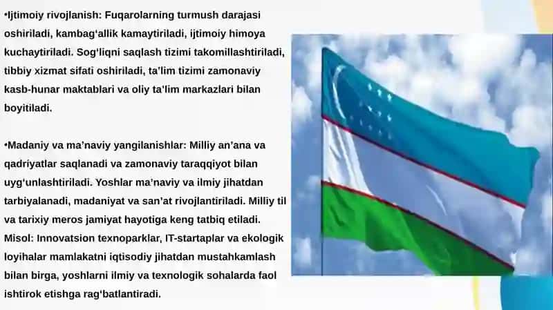 Yangi O'zbekiston tushunchasi  va uning mazmun mohiyati.Yangi O'zbekiston Taraqqiyot strategiyasining asosiy mazmuni.O'zbekiston-xalqchil,ijtimoiy davlat g'oyasining mohiyati 3
