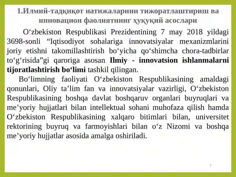 Innovatsiyalarni tijoratlashtirish va texnologiyalar transferi 3