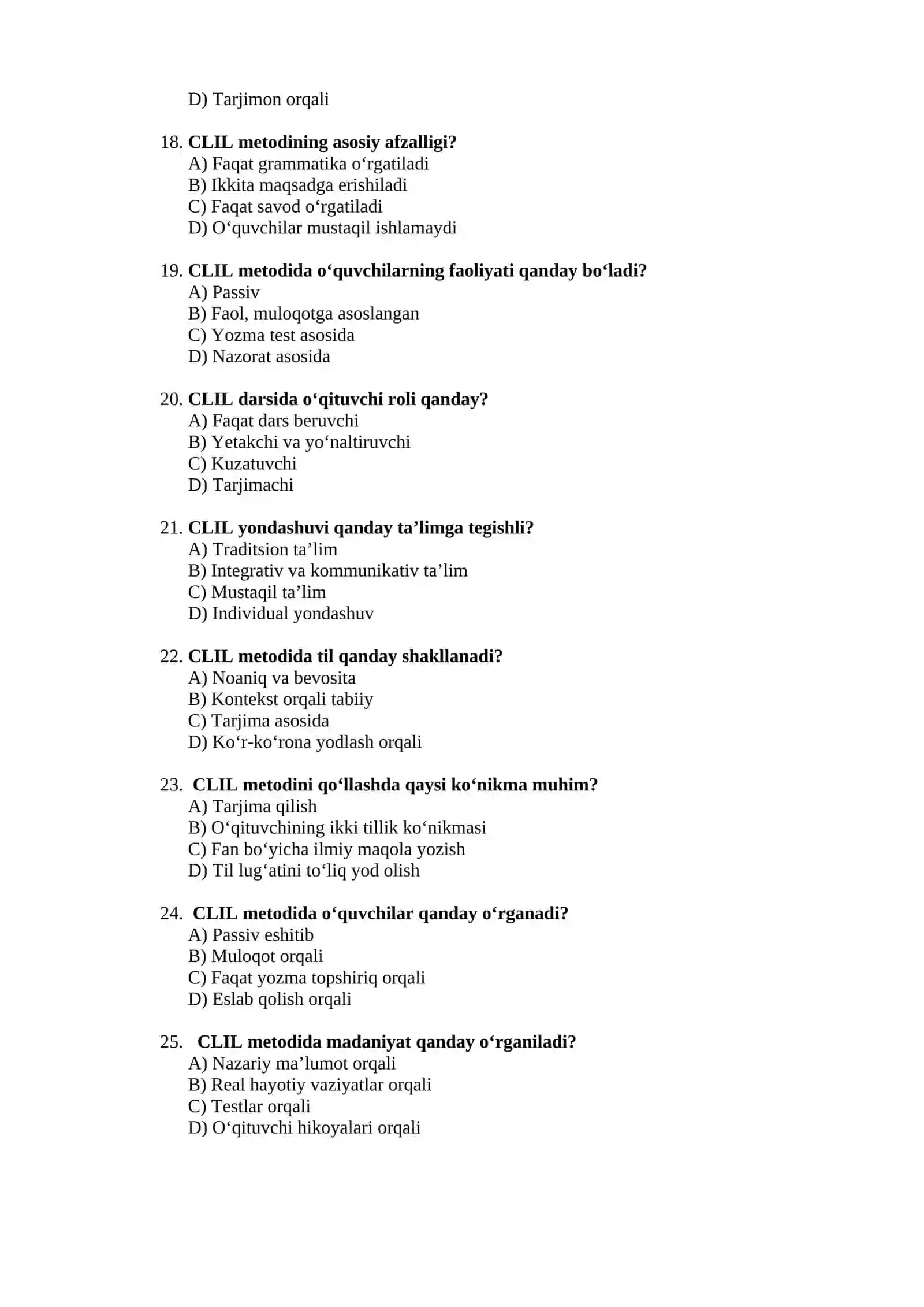 Boshlang`ich ta`limda CLIL texnologiyasi fani bo‘yicha yakuniy nazorat testi 3