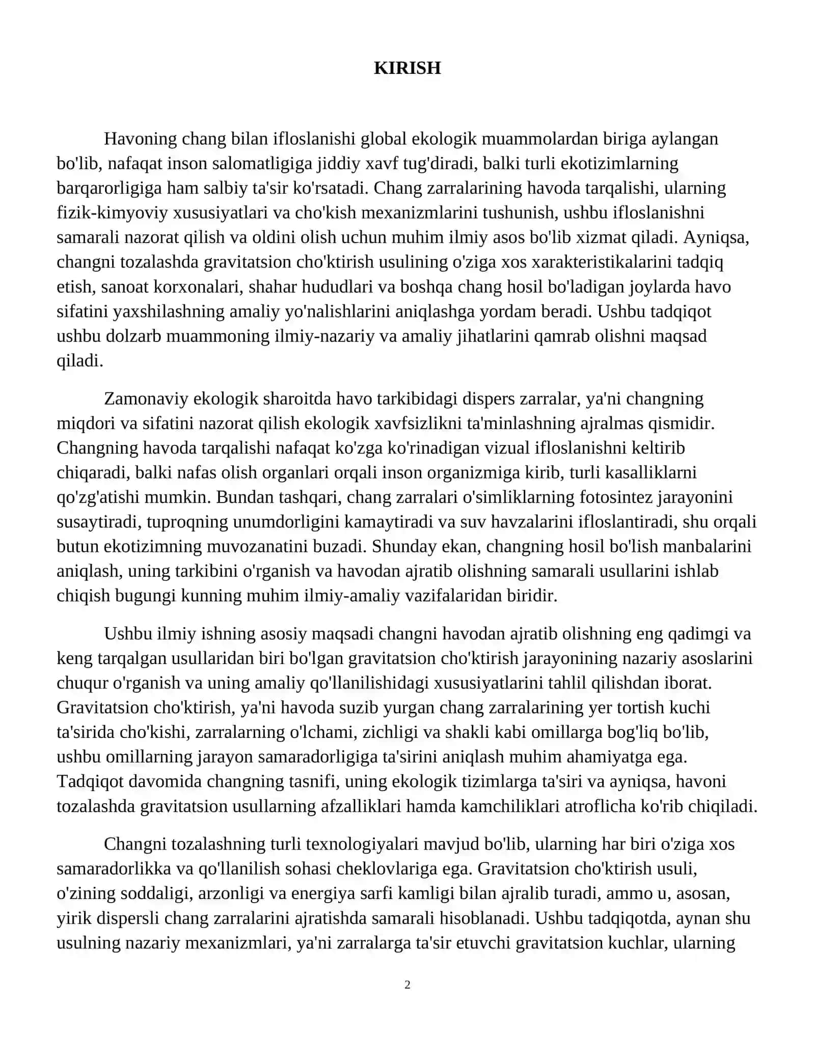 Changli havoni tozalashda gravitatsion choʻktirish xarakteristikasi 3
