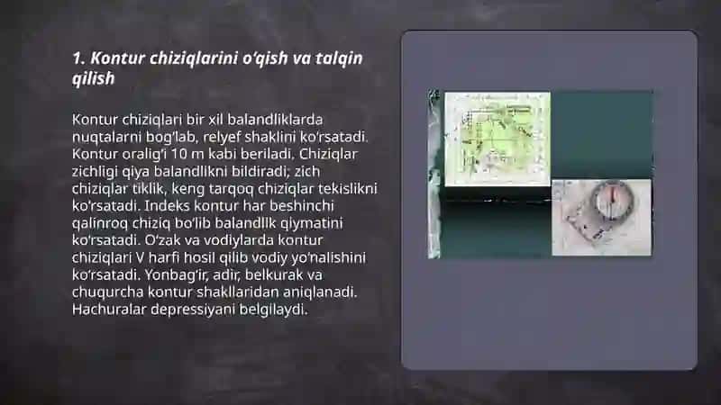 Topografik kartalardan foydalanib, relief turlari va shakllarini aniqlash 3