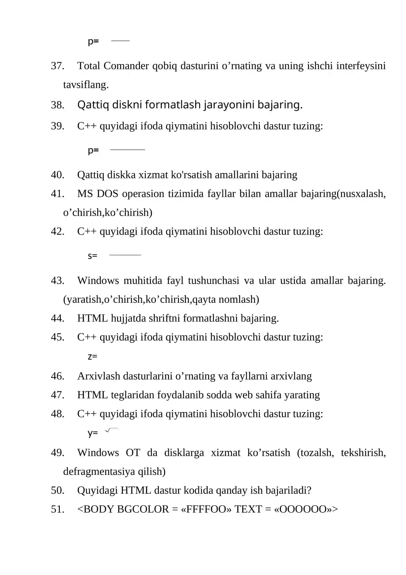 Dasturiy injiniringi kasbi uchun kasbiy-amaliy imtihon savollari to’plami 3